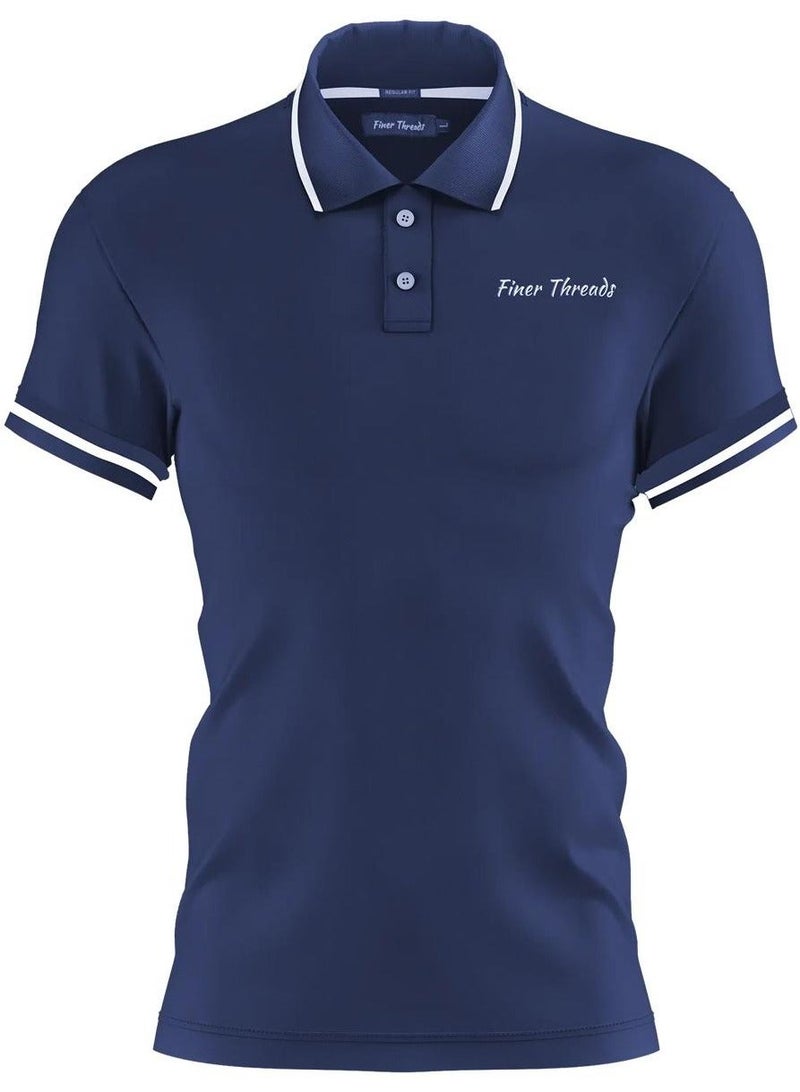 خيوط أدق قميص بولو رجالي أزرق داكن بياقة متباينة وخطوط رفيعة - مقاس عادي (L) - Image 2